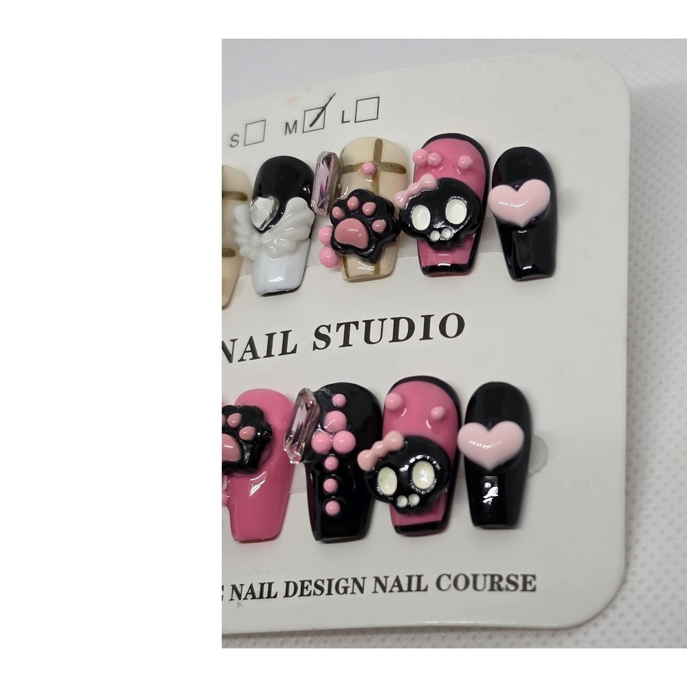 Handmade 3D Black Cat Press On Nails Pink Kawaii Goth Paw Skull Size M - Picture 4 of 5